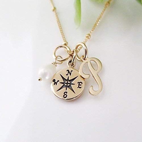 Gold Filled Compass Necklace - Freshwater Cultured Rice Pearl and Script Initial Charm - Necklace for Women - Gift for Her - Graduation Gift - Retirement Gift for Her