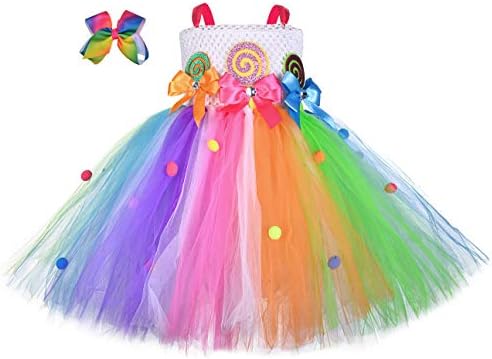 Girls Candyland Rainbow Tutu Dress Costume Princess Birthday Halloween Lollipop Pageant Tulle Dress Up Costumes with Headband
