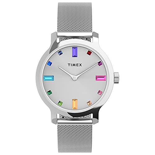 Timex Women’s Transcend 31mm Watch – Silver-Tone Case Silver-Tone Dial with Multicolored Stones & Stainless Steel Mesh Bracelet