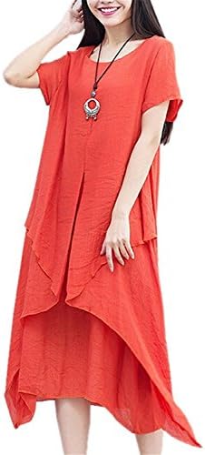 Davikey Womens Cotton Fake Two Piece Linen Casual Split Hem Baggy Long Dress OrangeXX-Large
