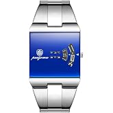 paazomu Men's Blue Dial Square Quartz Watch Steel Bracelet | Blue Mirror Glass, Luxury Gold Watch, Unique Design Wristwatch, Rectangle Dial, Classic Black Watches, 30M Water Resistance