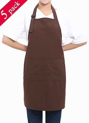 (5 set Brown Professional Resist Water Adjustable Extra Long Bib Apron 3 Pockets Home Kitchen Garden Restaurant Cafe Bar Pub Bakery for Cooking Chef Baker Servers Craft Unisex