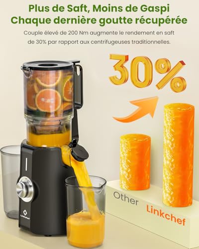 LINKChef Vertical Juicer | Slow Juicer 200W | Wide Mouth 115 mm for Whole Fruit & Vegetable | With Recipe Book, Easy Cleaning, BPA Free, Black