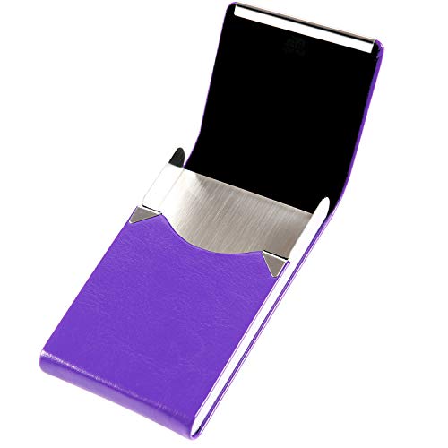 JuneLsy Business Card Holder Case - Professional PU Leather Business Card Case Metal Name Card Holder Pocket Business Card Carrier for Men & Women with Magnetic Shut (S-Purple)