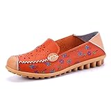 Labato Style Women's Floral Print Hollow Out Driving Loafers Leather Slip On Flat Shoes