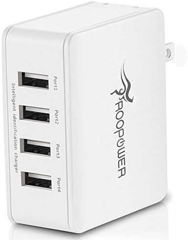 USB Wall Charger,Roopower 25W 5A Portable 4 Ports Travel Charger Charging Station with Foldable Plugs and Smart IC for iPhone,Samsung, iPad ,Tablet, iPod,Camera,GPS and more －White 4U25F