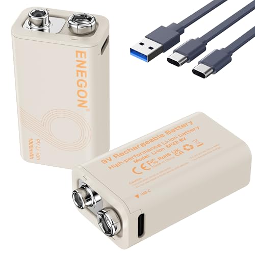 ENEGON 2 Pilas 9V Recargables 1000mAh con Puerto USB-C y Cable de Carga, Batería 9V de Larga duración para Micrófono, Detector de Humo, Juguetes Electrónicos, Walkie-Talkie y Más