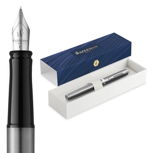 Waterman Impression Fountain Pen | Medium Nib with Blue Ink Refill | Stainless Steel with Palladium-Coated Trim | Gift Box