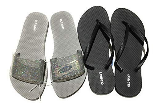 Old Navy Flip Flop Sandals for Woman, Great for Beach or Casual Wear (8, Silver Glitter Jelly Slide and Black)