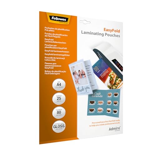 Fellowes Admire easymove fundas para plastificar Fellowes A4 80 Micron Admire EasyFold Laminating Pouch (Pack of 25)