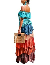 Yissang - Vestido de gasa plisado con volantes sin tirantes para mujer