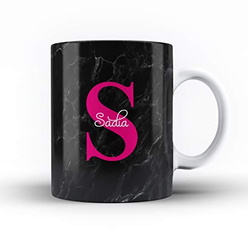 Studio RB Personalised Marble/Pattern Mug. 14. Black Marble with Hot Pink Initial
