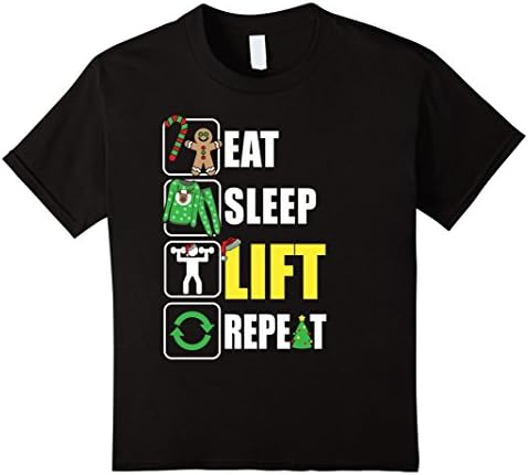 Kids Eat Sleep Lift Repeat Tshirt Funny Christmas Weightlifting 12 Black