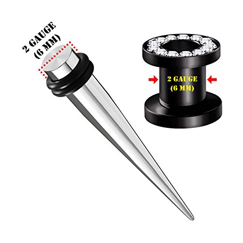 BIG GAUGES 2 Pairs Surgical Steel Black Anodized 2gauges 6 mm Taper Expander Tunnel Clear Crystal Piercing Stretcher Ear Plugs BG1488 - Thumbnail 2