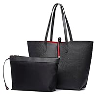 Miss Lulu Women Reversible Tote Bag Faux Leather Shoulder Handbag Large Shopper Set (6628 Black)