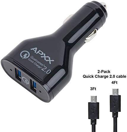 Car Charger APXX UCQ2-2A 36W 2-port Quick Charge 2.0 USB Car Charger Bundle with 2 pack of QC 2.0 Micro USB Cable for Galaxy S6 Edge Plus, Note 5 4 Edge, Nexus 6, Xperia Z3 Z2