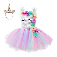 Kokowaii Fancy Girls Unicorn Tutu Dress Kids Party Costume with Headband White, 5-6 Years