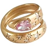 Melhill Open Bypass Ring Pink Heart Zircon Celestial Star Cocktail Ring Gold Plated Statement Jewelry for Women Size 7