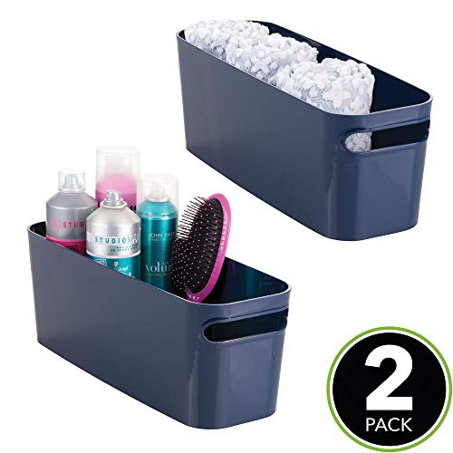 mDesign Bathroom Vanity Plastic Organizer Storage Bin Tote with Handles for Health and Beauty Products, Shampoo Bottles, Lotions, Hand Towels - 2 Pack - Navy Blue