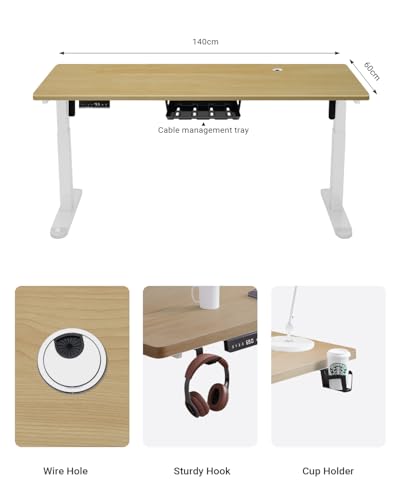 iXTRA Electric Standing Desk 140 x 60cm Height Adjustable Sit Stand up Home Office Desk with Whole Piece Desktop Computer Desk with Cable Management tray（Maple Desktop + White Frame）