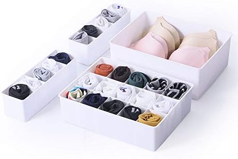 BaiNa Stackable and Waterproof Closet Wardrobe Underwear Organizer with Detachable Dividers and 2 Lids, Large Capacity Storage Chest Dresser Box Drawer Bin Container Case (Set of 4) - White