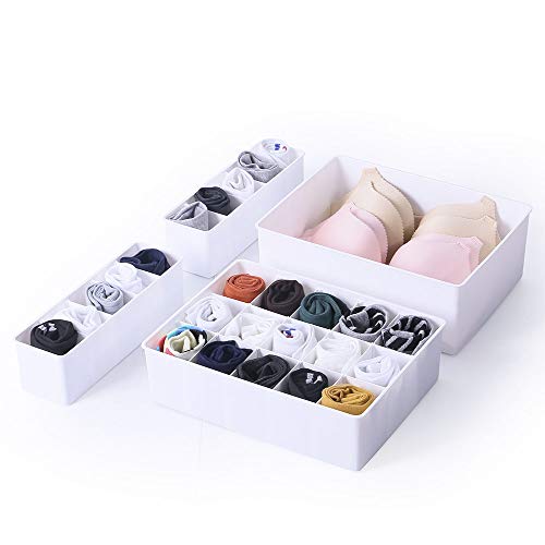 BaiNa Stackable and Waterproof Closet Wardrobe Underwear Organizer with Detachable Dividers and 2 Lids, Large Capacity Storage Chest Dresser Box Drawer Bin Container Case (Set of 4) - White