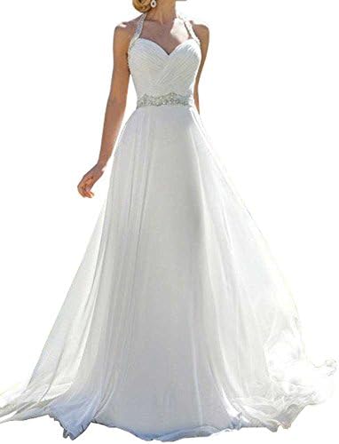 Lovelybride A Line Beaded Halter Neck Long Chiffon Beach Wedding Dress