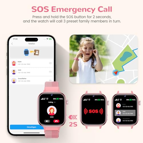4G Smart Watch Children with GPS and Video Calling, Smartwatch Children with Calls, Voice Chat, SOS, School Mode, IP68 Waterproof, Pedometer, Alarm Clock, Camera, Gift Girls and Boys 4-15, Pink