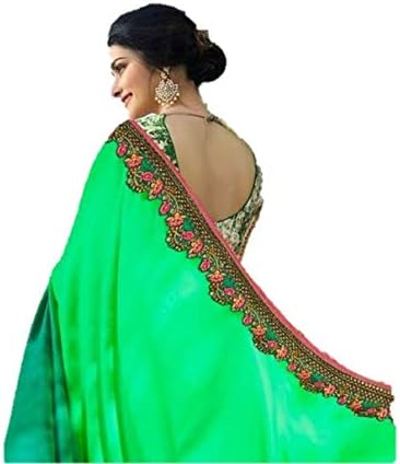 RIWAAYAT TRENDS Sparkle silk party wear saree with embroidered borders and embroidered and printed long sleeves heavy blouse- Free size, Parrot green, Dark green and beige
