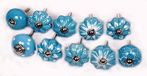 Glitknob 10 Knobs Sky Blue & White Hand Painted Ceramic Knobs Cabinet Drawer Pull