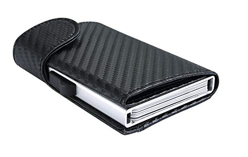 Tarasun RFID Blocking Credit Card Holder for Men, Carbon Fiber PU Leather, Pop-Up Card Holder, Slim, Compact, Minimalist Wallet, Lightweight Aluminum/Metal Card Case, for Front Pocket, Hold 9 Cards