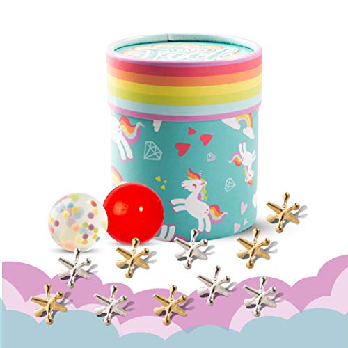 Retro Vintage Classic Jacks Game, 10 Pieces Classic Gold and Silver Metal Jacks with 1 Red Bouncy Ball and 1 Polka Ball and Instruction Set in Unicorn Box Perfect for Gifts and Unicorn Themed Parties