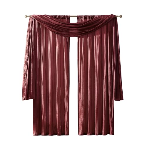 Elrene Home Fashions Athena Faux Crushed-Silk Window Curtain Panel and Valance Set, 52x108 (2 Panels) & 1 Valance, Red