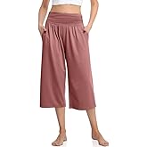 TARSE Womens Capris Lounge Yoga Pajama Cropped Pants Casual Wide Leg with Pockets Elastic Waist Workout Sweat Pants Summer