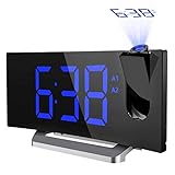Digital Projection Clock, TopElek FM Radio Alarm Clock with USB Charging Port, Dual Alarms, Snooze Function, [Curved-Screen] 5-inch Large LED Display with Dimmer, 12/24 Hours, Backup Battery-Blue