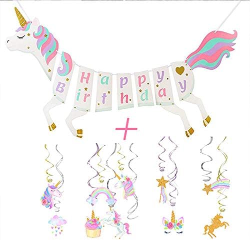 Unicorn Party Supplies for Girls and Kids, Unicorn Happy Birthday Banner and Unicorn Hanging Swirl Decorations, Magical Design Cutouts with Gold Glitter, valuable package