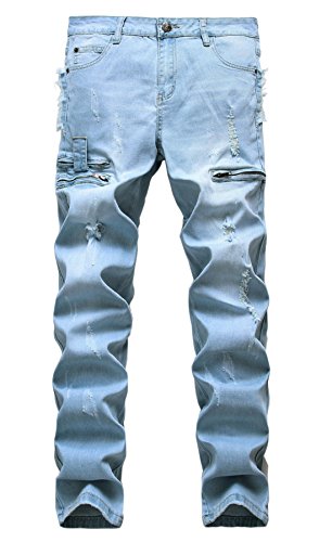 Ric Foster Men's Ripped Straight Fit Stretch Biker Jeans With Zipper Deco Denim Jean (W28, 03 LightBlue)