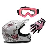 TMS Youth Kids White Pink Butterfly Dirt Bike ATV Motocross Off-road Helmet DOT with Goggles and Gloves (Medium)