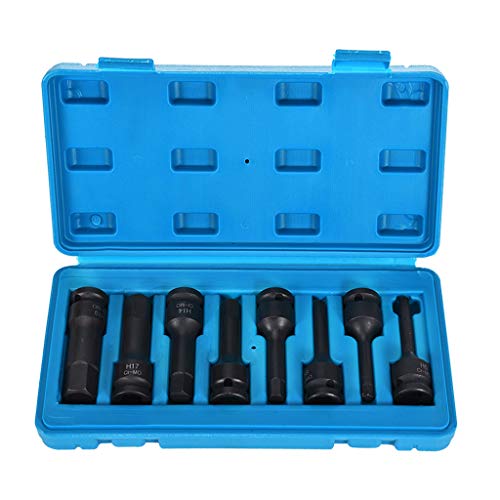 1/2" Drive Impact Socket Hex Bits | 8pc Professional Metric Set Long Air Allen Driver, Chrome Molybdenum Steel (6, 7, 8, 10, 12, 14, 17, 19mm, Blue)