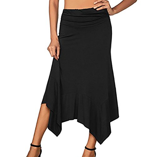 Clearance! Elogoog Women Solid Flowy Handkerchief Hemline Midi Skirt Flared High Waist Long Skirts (Black, L) - Thumbnail 3