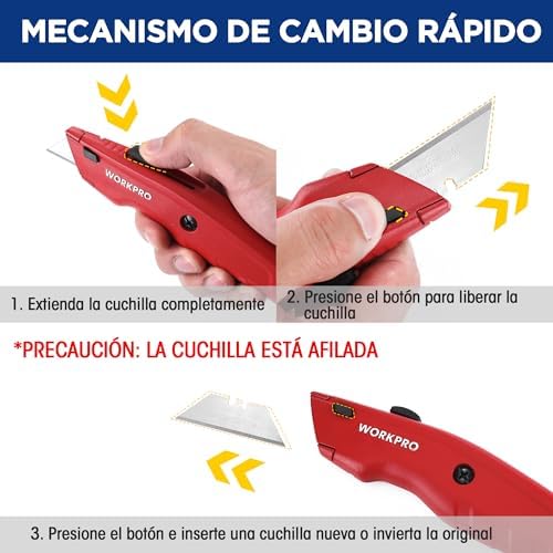 Cutter Profesional, Cúter Universal, Cortador Profesional con Mango de Aluminio Antideslizante, Cuchillo con 10 Cuchillas Adicionales, Rojo