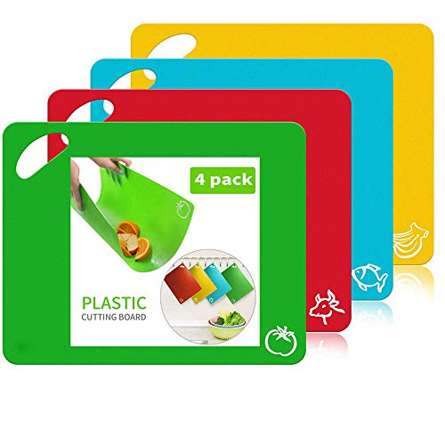 Cutting board, JUSHOOR,Extra Thick Flexible Plastic Kitchen Cutting Board Mats Set, Set of 4 Colored Mats With Food Icons & Easy-Grip Handles, BPA-Free, Non-Porous, Dishwasher Safe