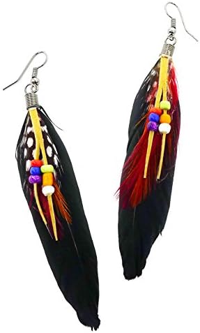 Bijoux De Ja Rhodium Plated Boho Beaded Natural Feather Drop Dangling Earrings (Black)