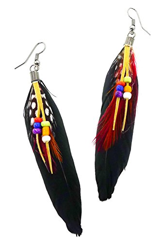 Bijoux De Ja Rhodium Plated Boho Beaded Natural Feather Drop Dangling Earrings (Black)