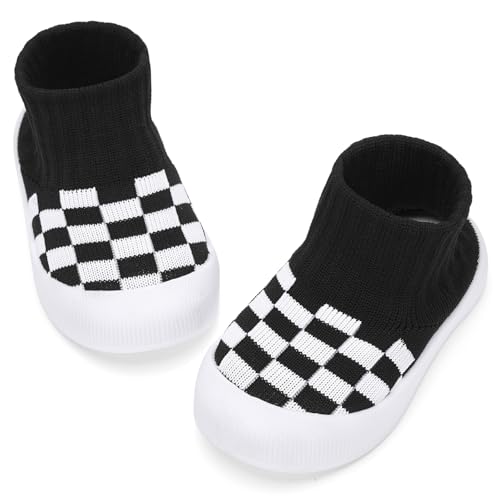 BACSAC Baby Boy Girl Socks Shoes Toddler Elastic Breathable Slippers Kid Walking Sneakers with High Top Knitted Checkered Upper Anti Collision Non-Slip Design for Indoor Outdoor