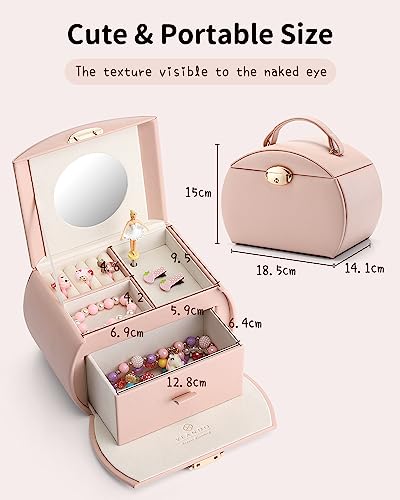 VLANDO Girls Jewellery Box with Drawer, Music Box with Ballerina and Stickers for Bedroom Decor, Gifts for Girls Kids, Pink