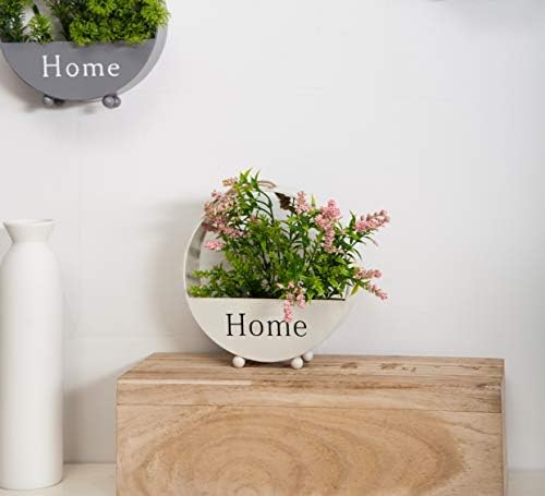 YUCHIYA Hanging Basket with Random Artificial flower Metal Floating Flower Holder for Artifical Succulent Vine Wall-mounted Home Garden Wall Décor (Round, White)