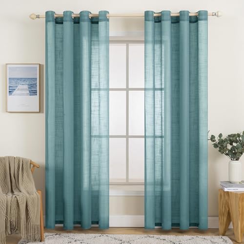 MIULEE Leinenoptik Voile Vorhänge Ösen 2er Staubiges Blau 140x225cm