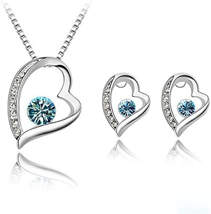 Lanqniqi High quality Women Fshion Heart Shape Pendant Necklace Earrings Set blue