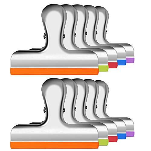10 Pack Stainless Steel Chip Bag Clips Covered with Silicone - NO SHARP EDGES - 5 Different Colors Perfect for Grip Food Bags and Chip Bags 3 Inches Wide, Air Tight Seal